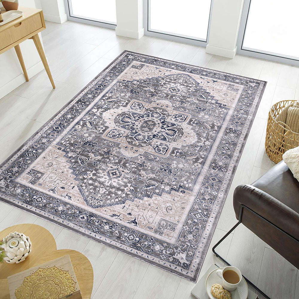 Lulu Traditional Medallion Grey Cream Rug 1 The Rugs Outlet