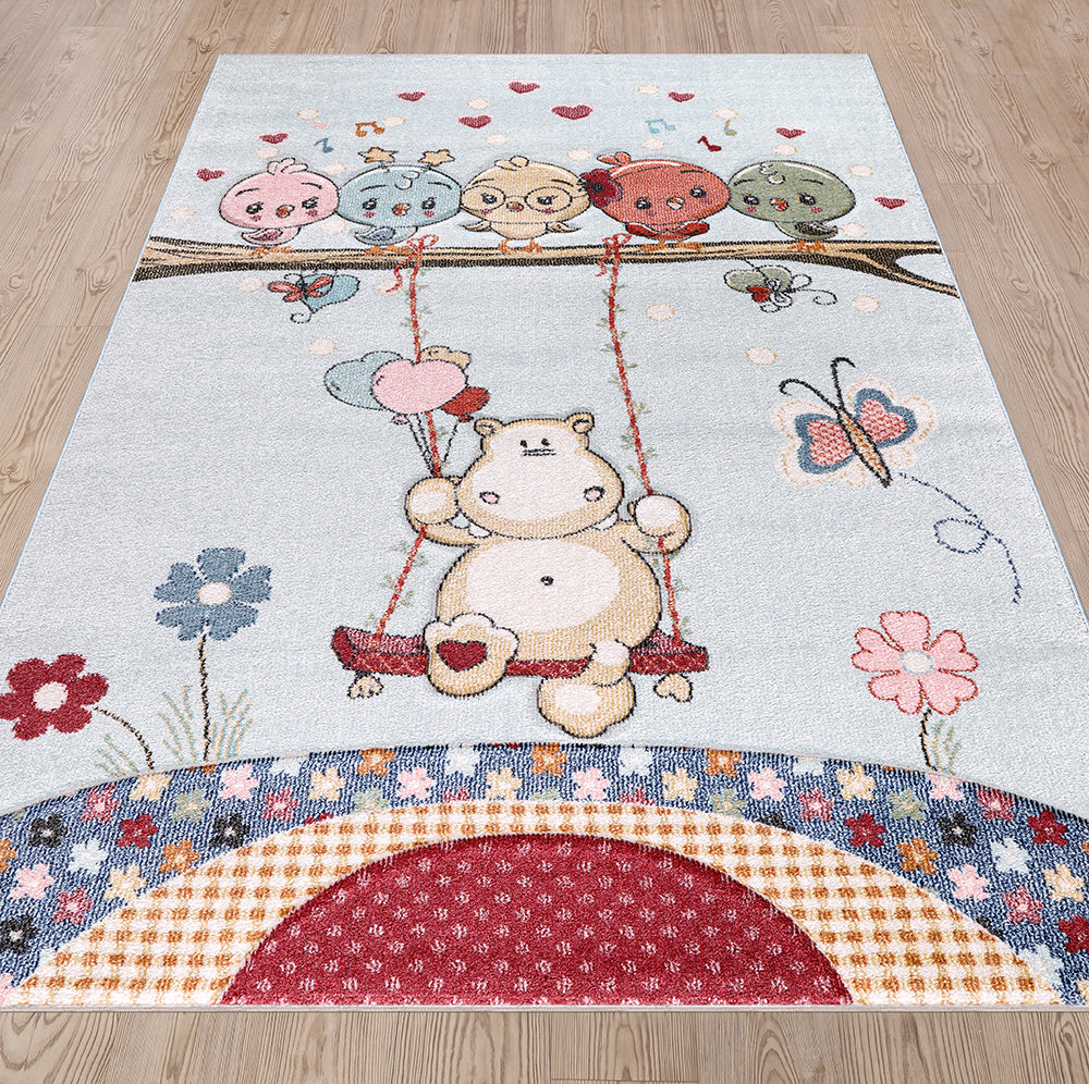 Funny Collection Swinging Hippo Blue Cream Area Rug 3 therugsoutlet.ca