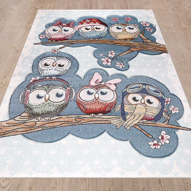 Funny Collection Owls Cream Blue Area Rug 3 therugsoutlet.ca