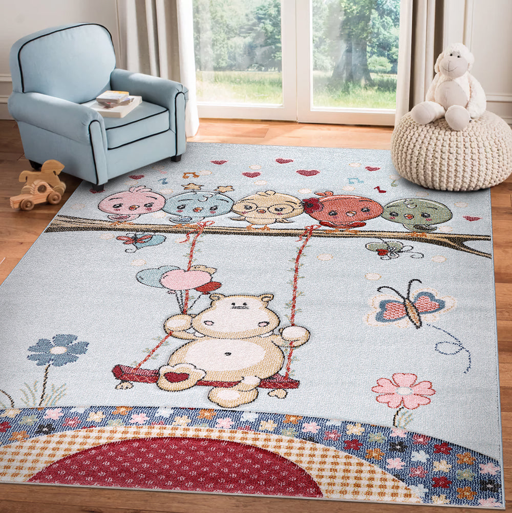 Funny Collection Swinging Hippo Blue Cream Area Rug 1 therugsoutlet.ca