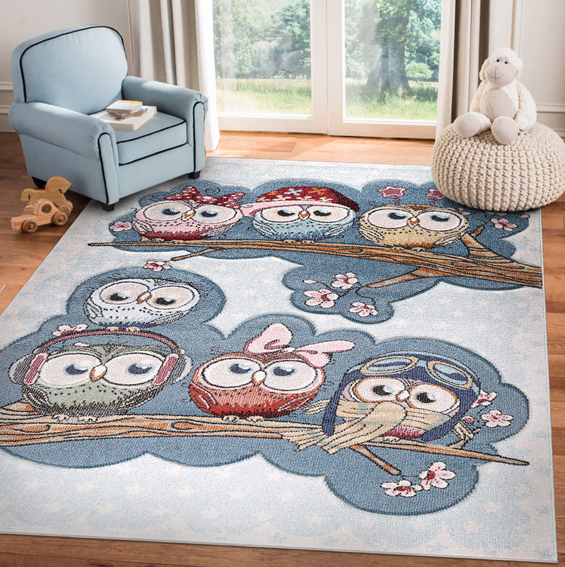 Funny Collection Owls Cream Blue Area Rug 1 therugsoutlet.ca
