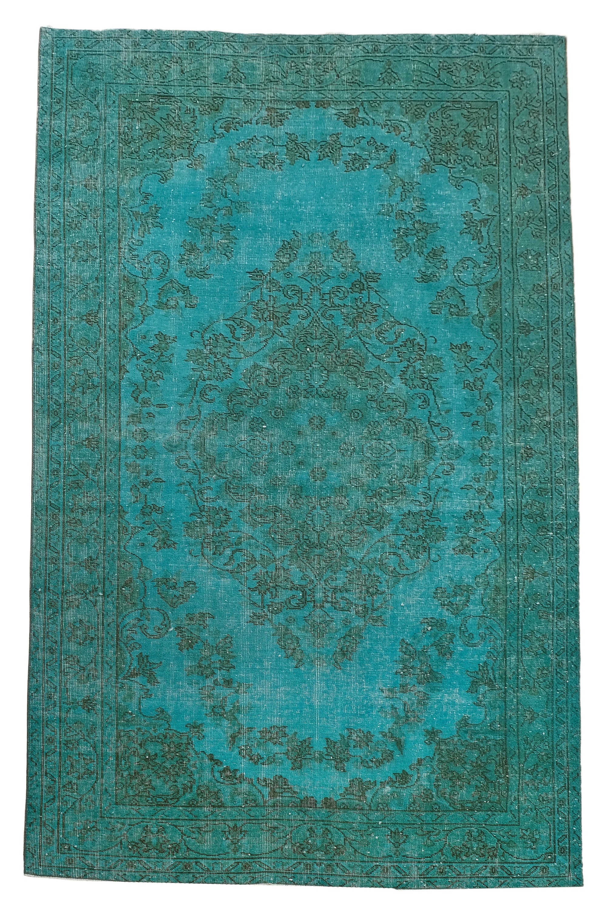 Turkish Vintage Hand-Knotted Teal Wool 166 x 257 cm (5' 5" x 8' 5")