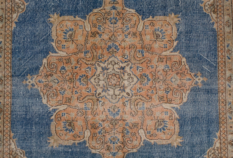 Turkish Vintage Hand-Knotted Blue Wool 210 x 329 cm (4' 11" x 7' 10")