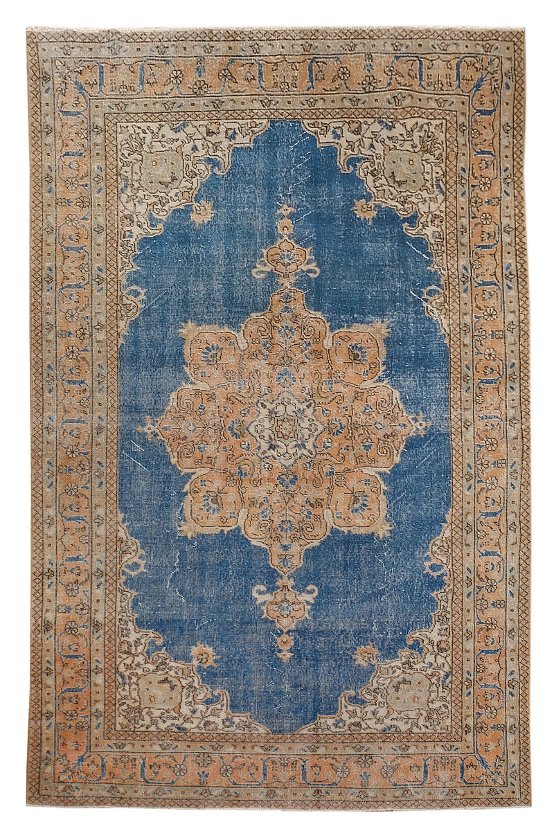 Turkish Vintage Hand-Knotted Blue Wool 210 x 329 cm (4' 11" x 7' 10")