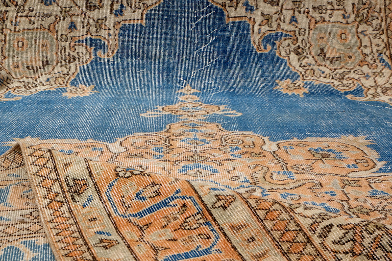 Turkish Vintage Hand-Knotted Blue Wool 210 x 329 cm (4' 11" x 7' 10")