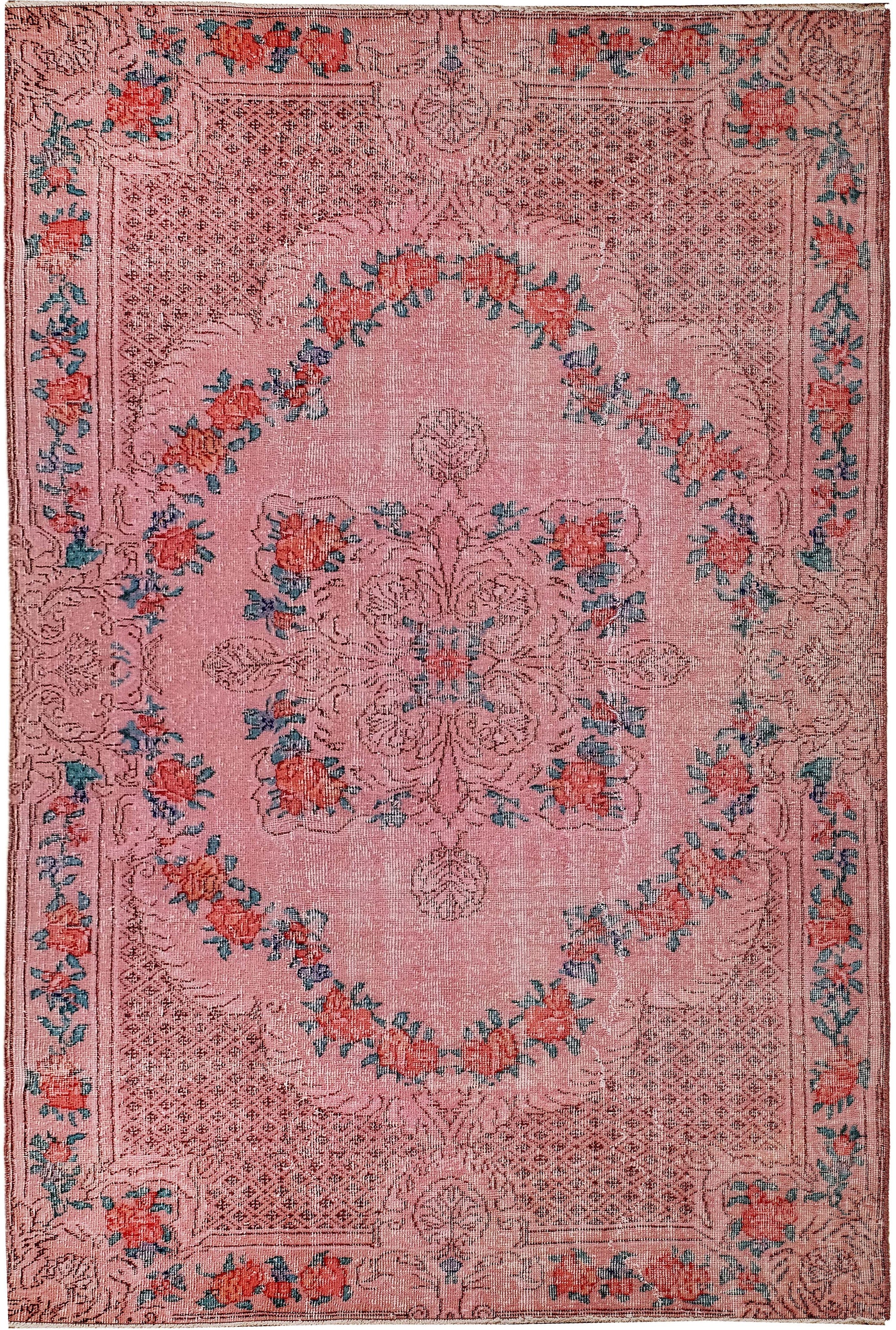 Turkish Vintage Hand-Knotted Pink Wool 156 x 251 cm (5'1" x 8'3")