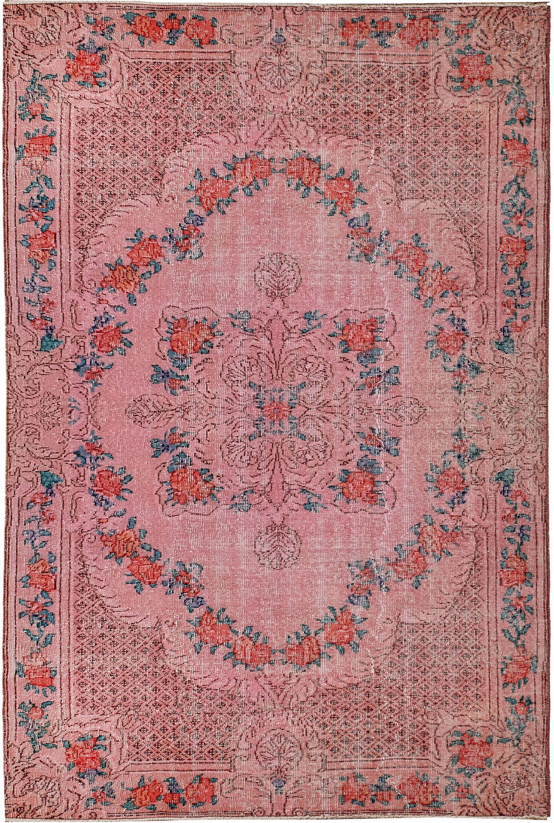 Turkish Vintage Hand-Knotted Pink Wool 156 x 251 cm (5'1" x 8'3")