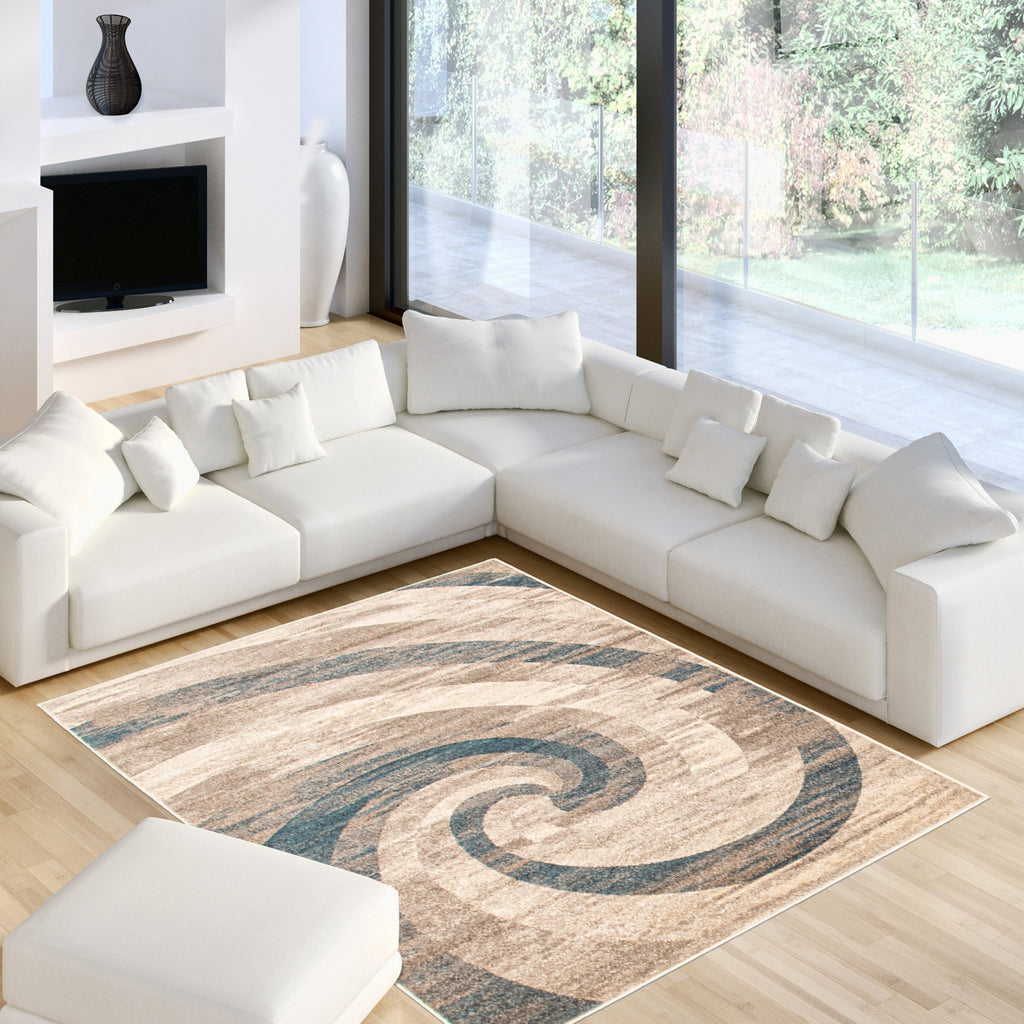 Spiral Serenity Area Rug Dark Ivory and Blue Therugsoutlet.ca