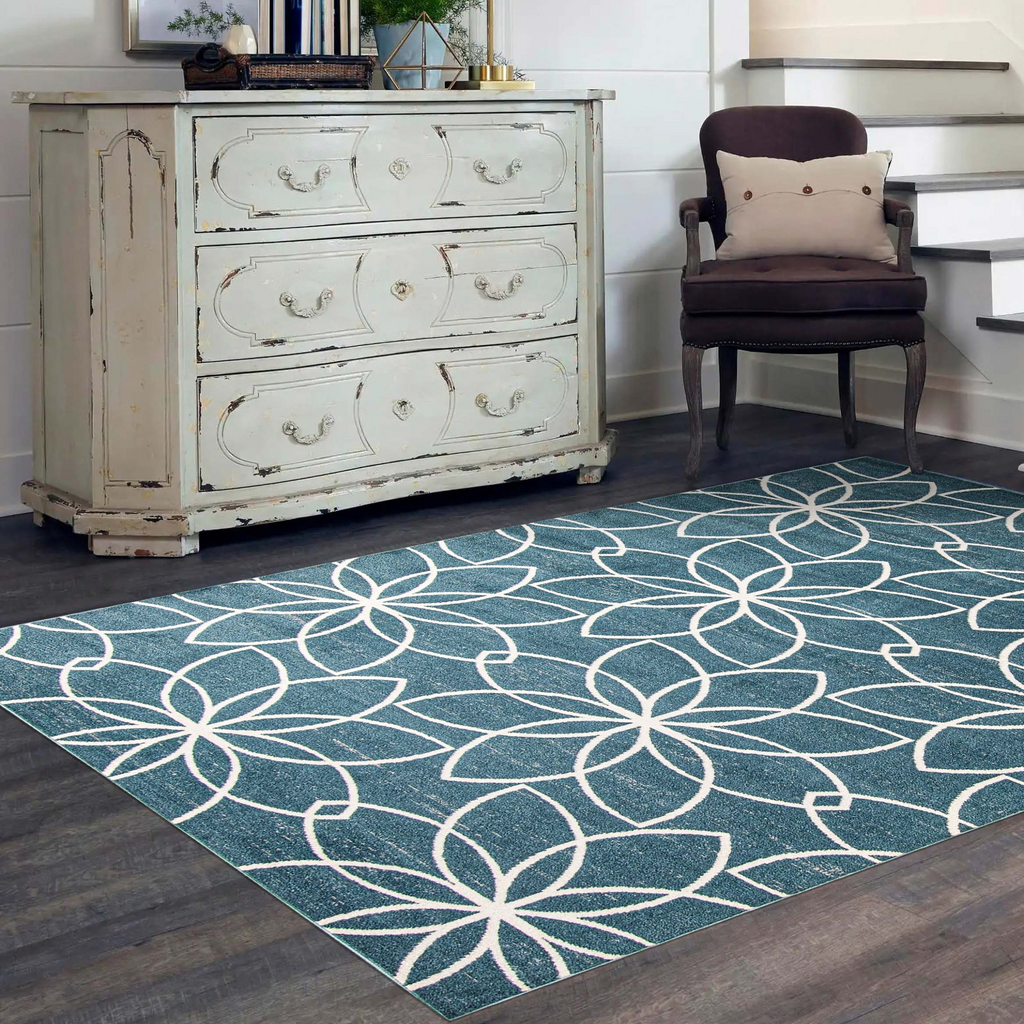 Tidal Floral Washable Rug Turquise therugsoutlet.ca