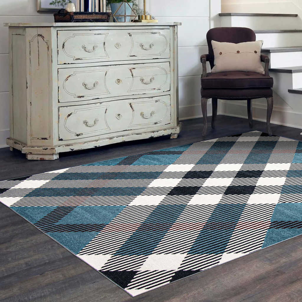 Tidal Plaid Washable Rug Blue therugsoutlet.ca