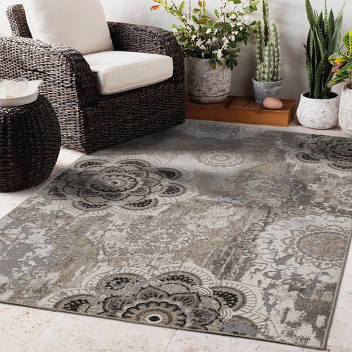 Richmond Floral Abstract Outdoor Rug - Beige and Brown