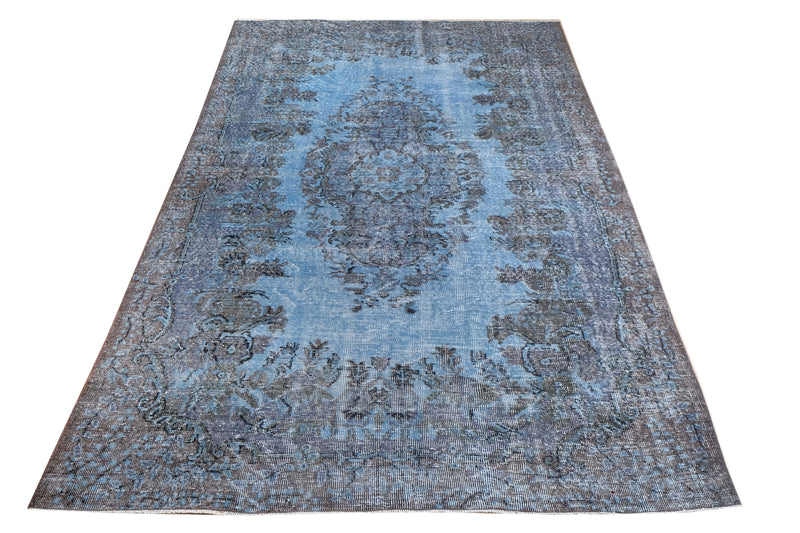Turkish Vintage Hand-Knotted Blue Wool 183 x 302 cm (5'9" x 9'11")
