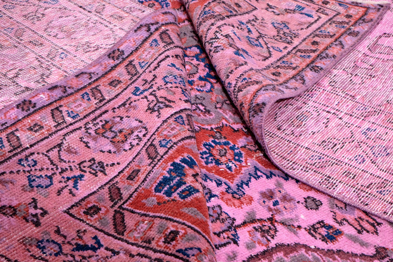 Turkish Vintage Hand-Knotted Pink Wool 155 x 277 cm (5'1" x 9'1")