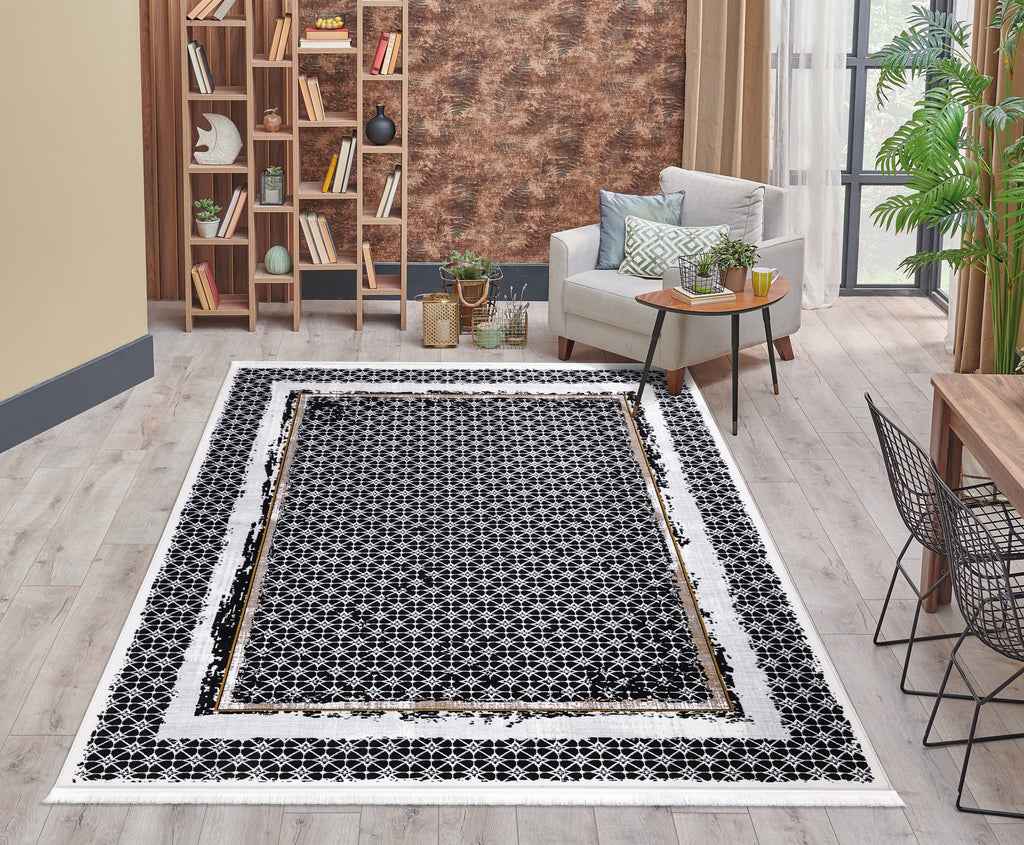 Sedef Abstract Bordered Black Rug 1 The Rugs Outlet
