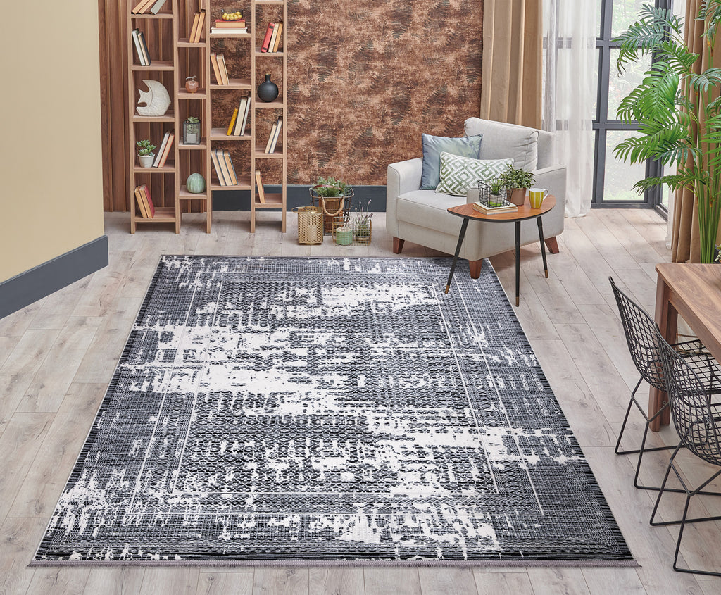 Sedef Abstract Bordered Grey Rug 1 The Rugs Outlet