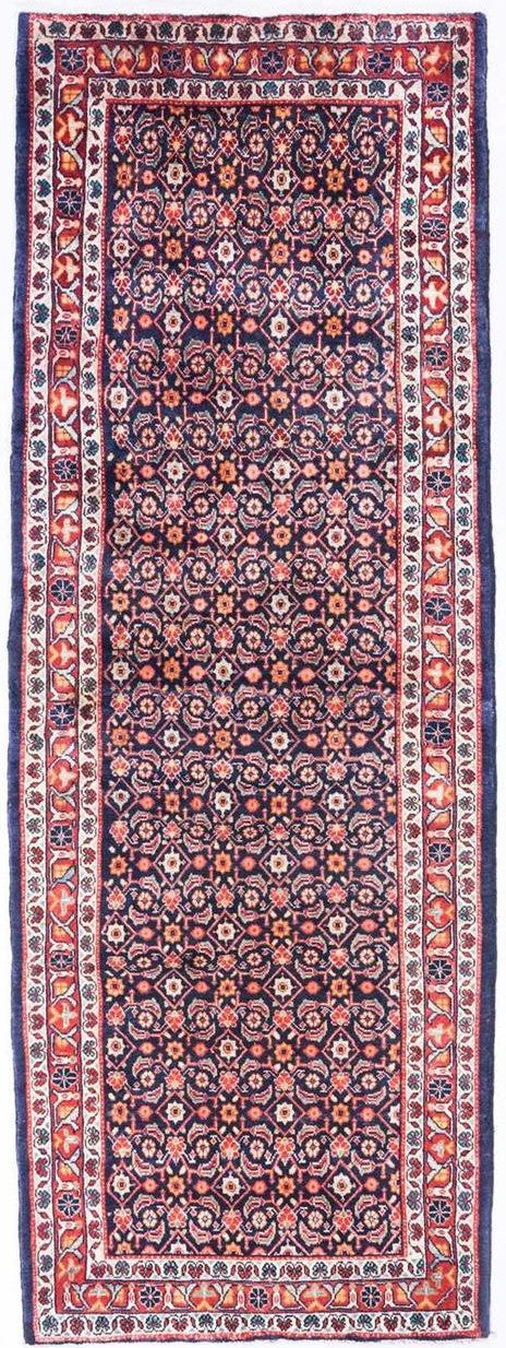 Hand-Knotted Floral Runner Rug – Navy Blue and Red – 308X112 CM | 10"1'X3'7" therugsoutlet.ca