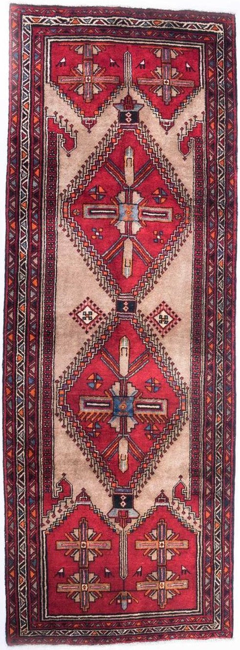 Hand-Knotted Medallion Runner Rug – Beige and Red – 323X115 CM | 10'6"X3'8" therugsoutlet.ca