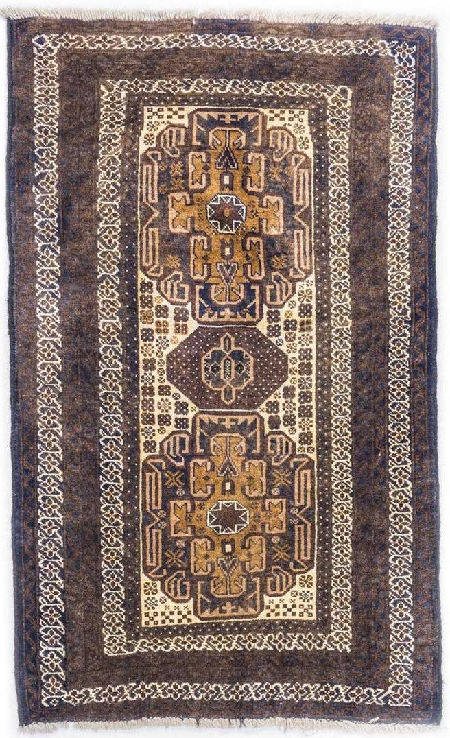 Hand-Knotted Medallion Area Rug – Cream and Blue – 134X83 CM | 4'4"X2'7" therugsoutlet.ca